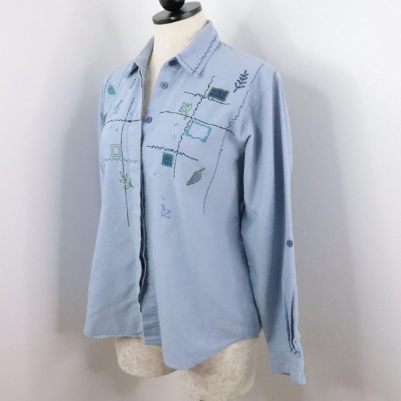 Napa Valley Petites Women's M Blue Embroidered Leaf Button-Up Roll-Tab Shirt - Picture 3 of 9